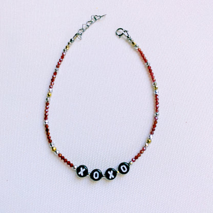 Garnet, Hematite “xoxo” Gemstone Anklet with oxidized silver clasp and chain