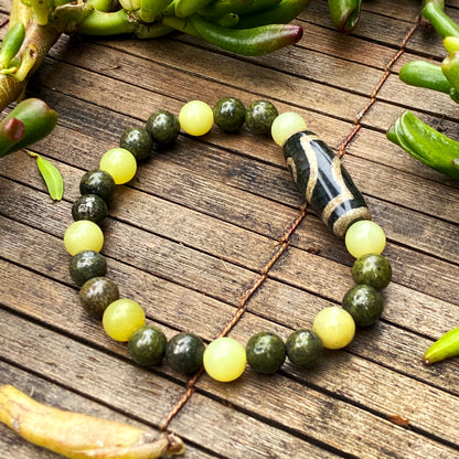 Men's Lemon Jade, green Pyrite, and Tibetan Agate Gemstone stretch Bracelet