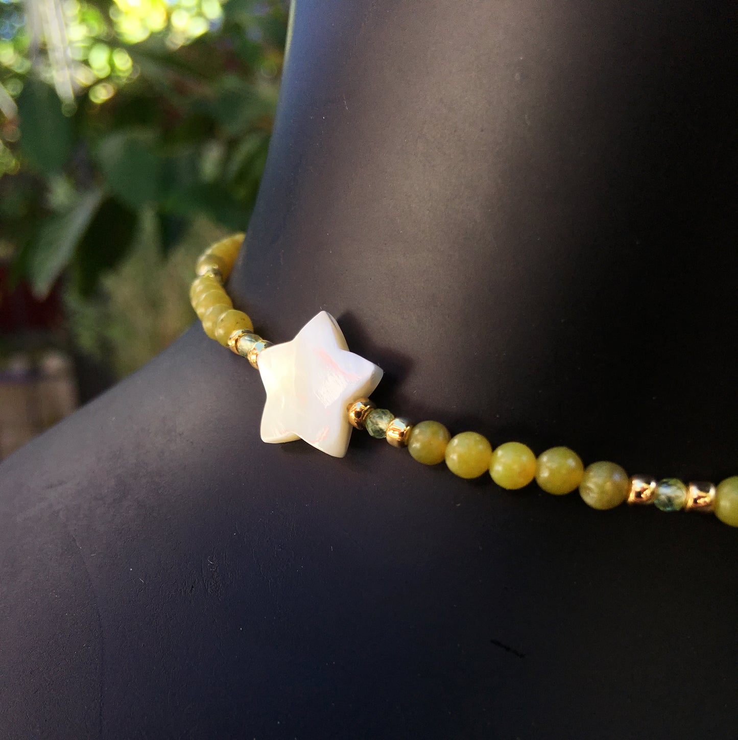 Women's Olive Jade Gemstone with Mother of Pearl Star Choker Necklace