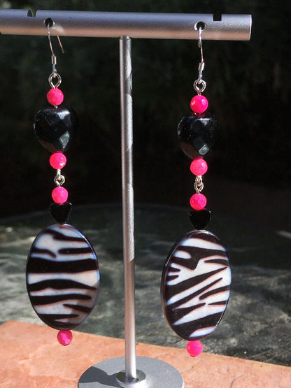Women's Zebra print mother of pearl, pink Agate Gemstone and Onyx Heart Earrings
