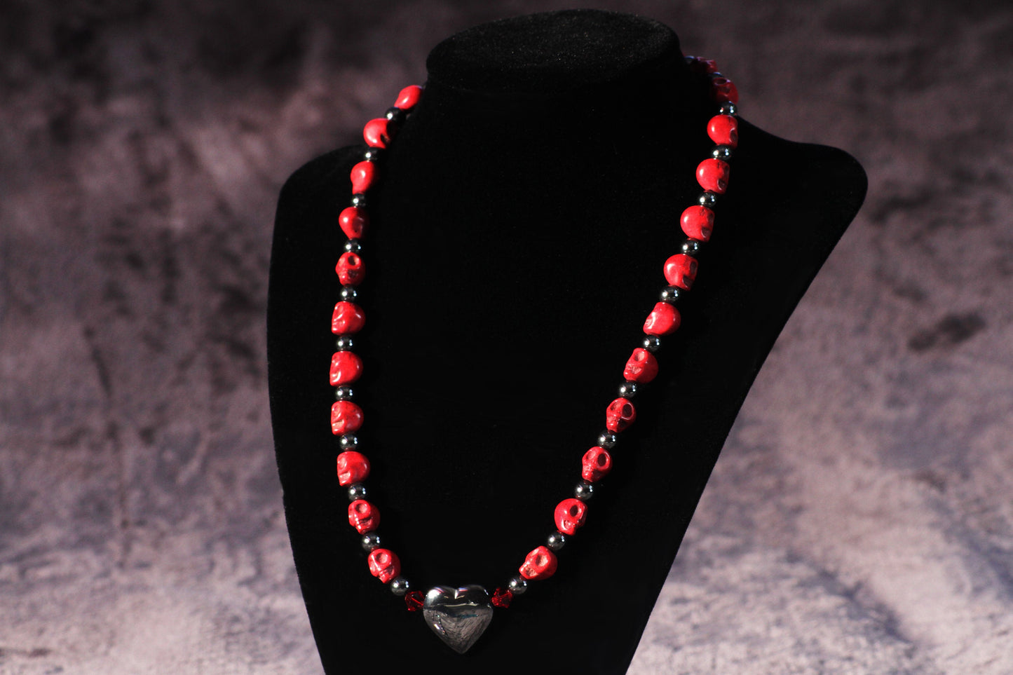 Women's Red Skull & Hematite gemstone Heart Necklace