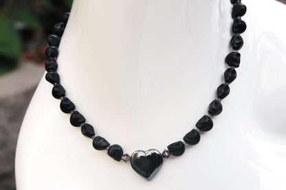 Women's Hematite Heart and Black Skull Necklace