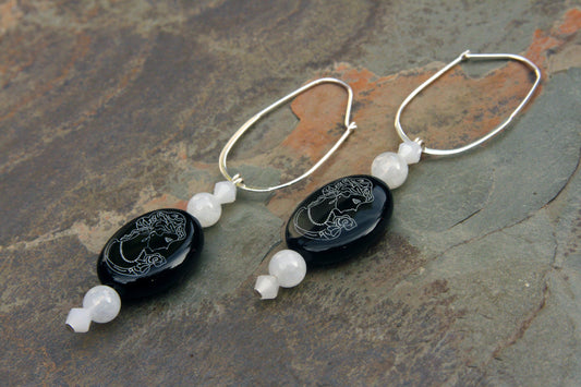 Moonstone and Onyx gemstone Cameo Earrings