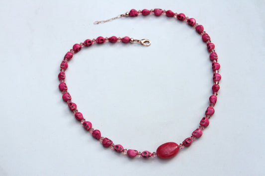 Women's Pink Magnesite Skulls with Pink Jade Gemstone Necklace