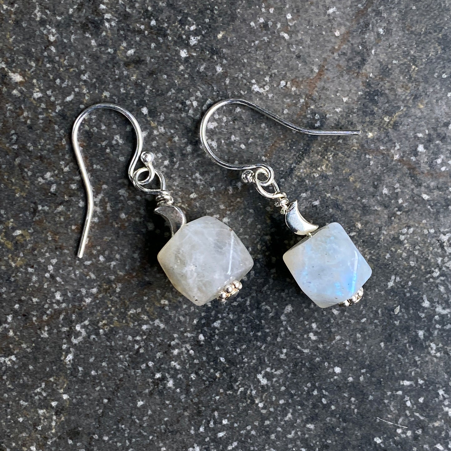 Labradorite gemstones with silver Moon Dangle earrings
