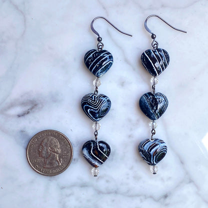 Zebra Fire Agate Heart, White Topaz Gemstones and Oxidized sterling earrings