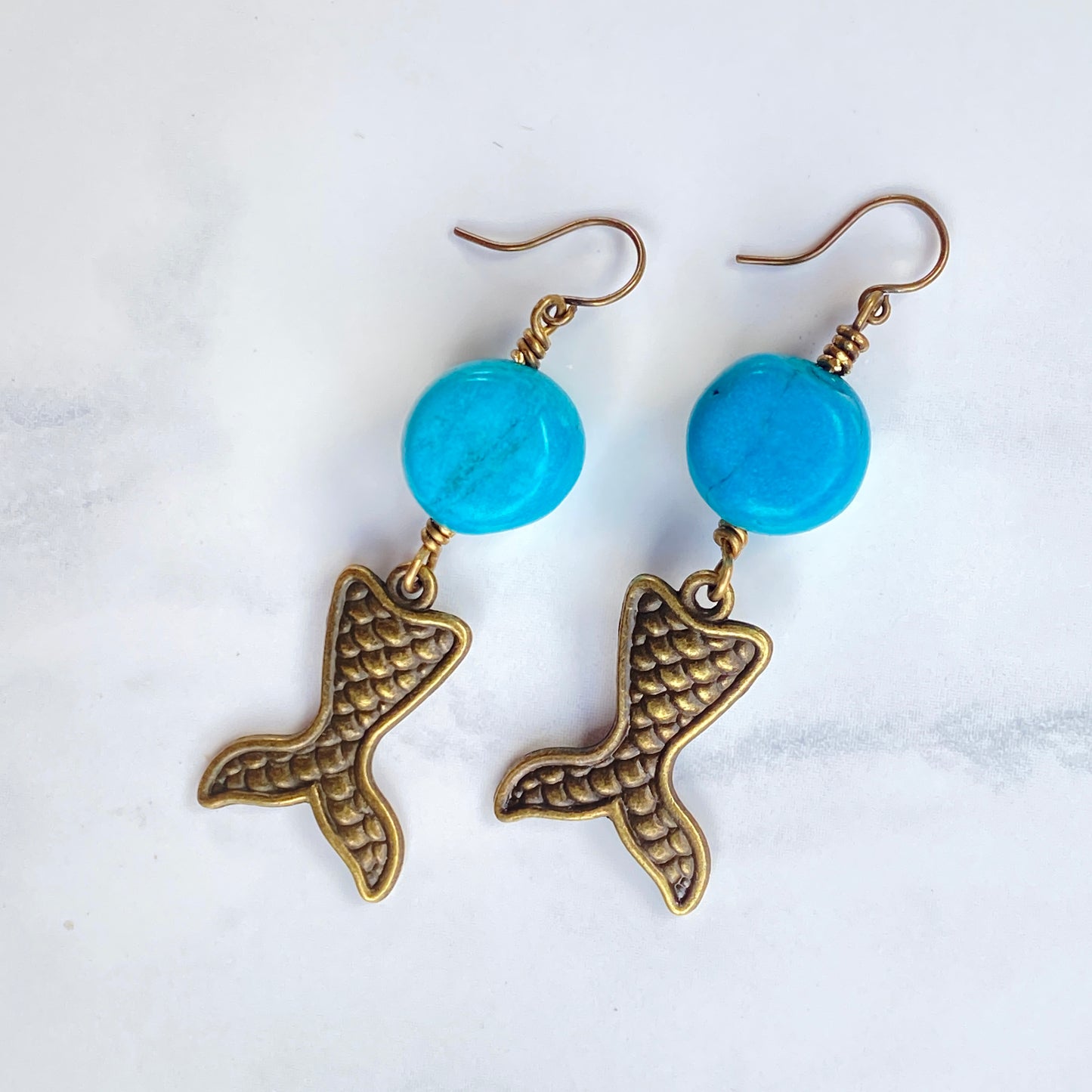 Mermaid and Turquoise gemstone Dangle Drop Mermaid Tail Earrings