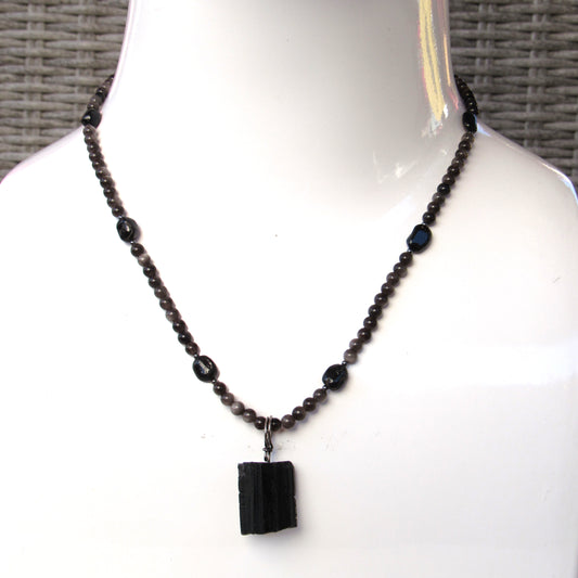 Silver Obsidian and Black Tourmaline gemstone Necklace