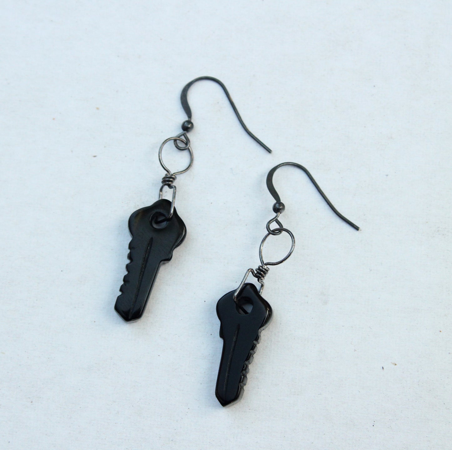 Black Agate gemstone Keys Hand wrapped with Oxidized Sterling Silver Drop earrings