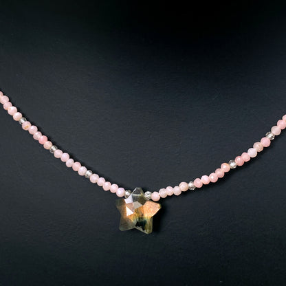 Labradorite Star, pink opal, zircon gemstone, sterling silver necklace