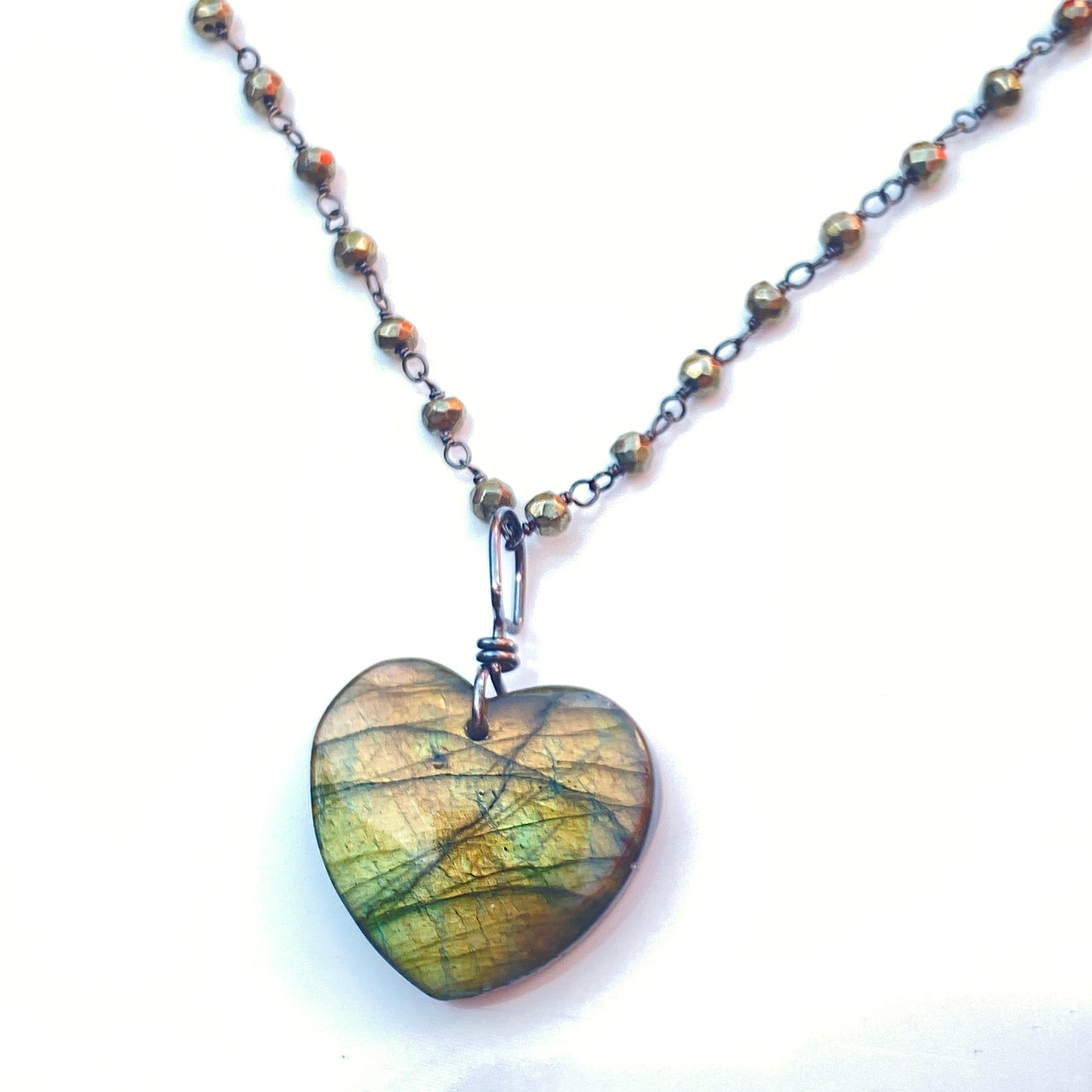 Labradorite Heart on Pyrite and Oxidized Sterling Silver Chain