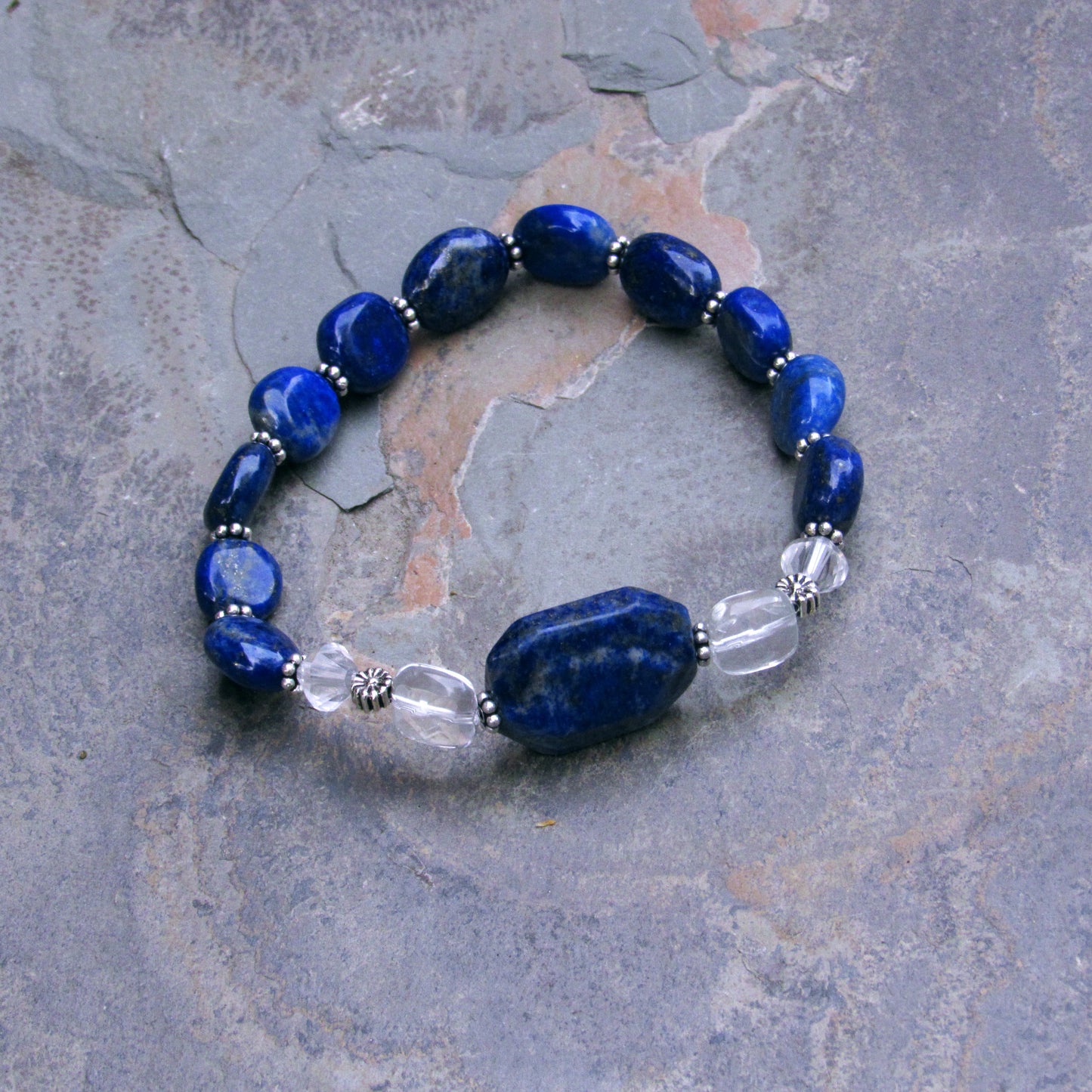 Lapis Lazuli, Clear Quartz, and Sterling Silver Stretch Bracelet