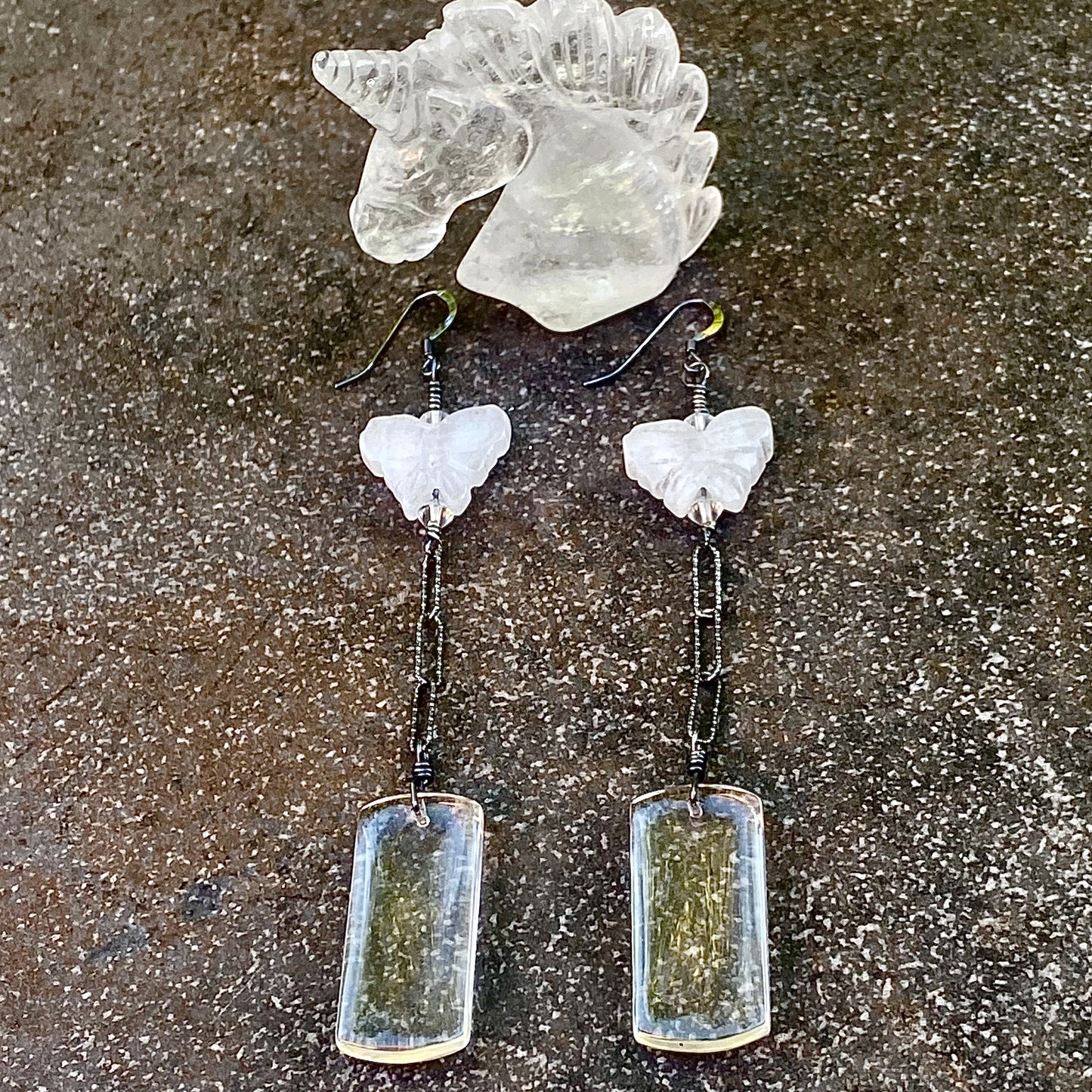 Clear quartz and White Quartz Butterfly w/ Oxidized Sterling Silver Drop Earrings