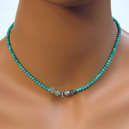 Genuine Turquoise, Apatite, Sterling Silver Skull and Clasp and Chain Choker/Necklace