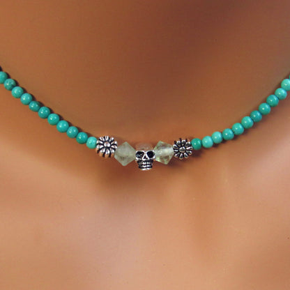 Genuine Turquoise, Apatite, Sterling Silver Skull and Clasp and Chain Choker/Necklace