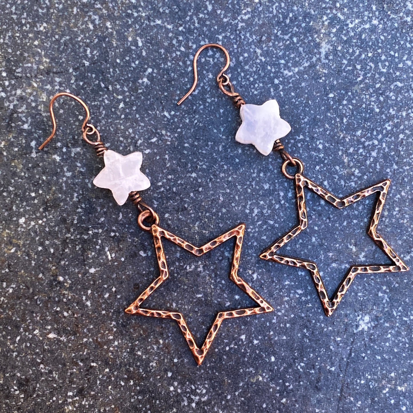 Rose Quartz gemstone Star and Copper Dangle Earrings