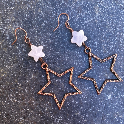 Rose Quartz gemstone Star and Copper Dangle Earrings