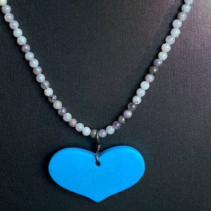 Howlite Heart and White Labradorite Gemstone Necklace