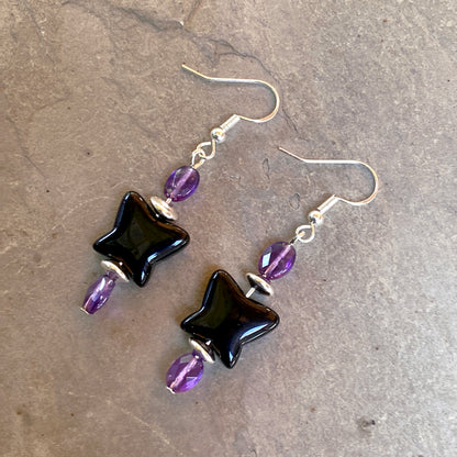 Black Obsidian Butterfly with Amethyst and Sterling Silver Drop Earrings