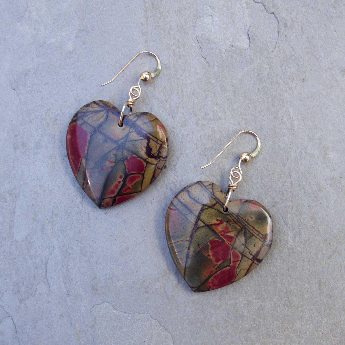 Picasso Jasper gemstone Heart Earrings with 14 Kt GF ear wire