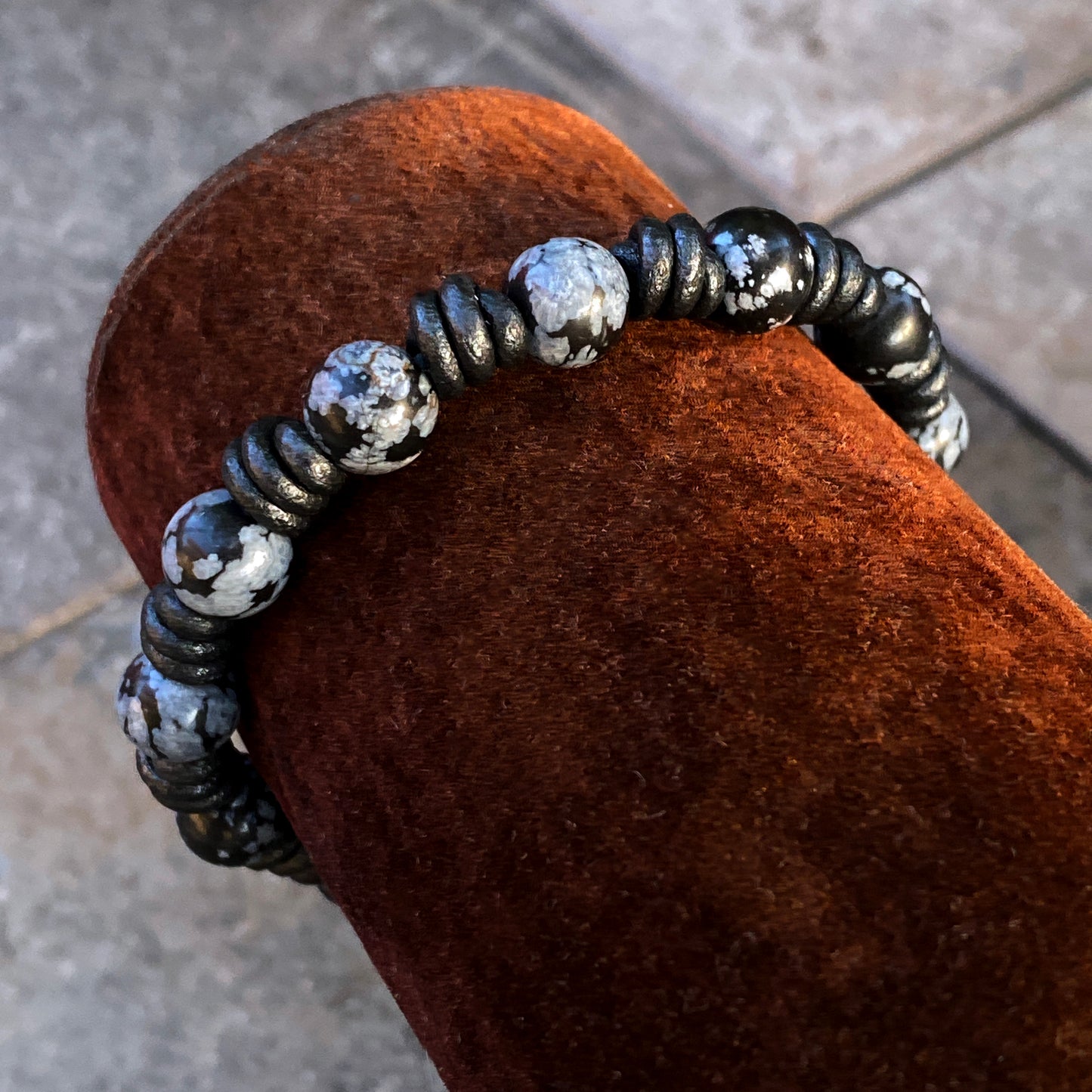 Hand knotted Snowflake Obsidian and Leather Bracelet
