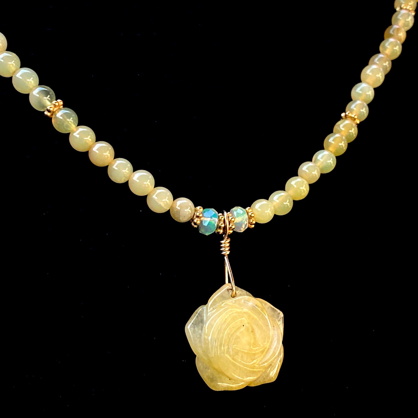 Yellow Opals, Ethiopian Opals, Yellow Aventurine gemstone Flower Necklace