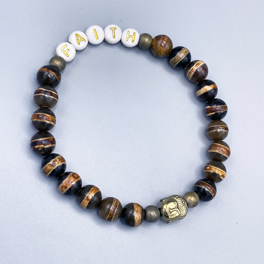 Unisex Tibetan Agate and Hematite Gemstone Buddha “FAITH” Bracelet