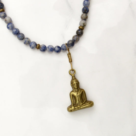 Blue Spot Jasper gemstone and brass Buddha pendant necklace