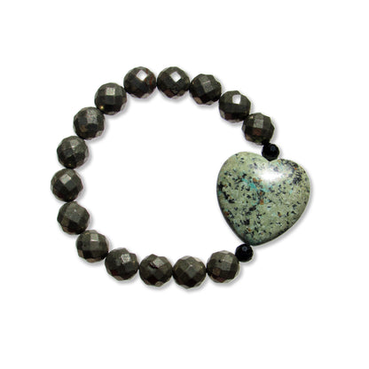 African Turquoise gemstone heart, Pyrite, and Black Spinel bracelet