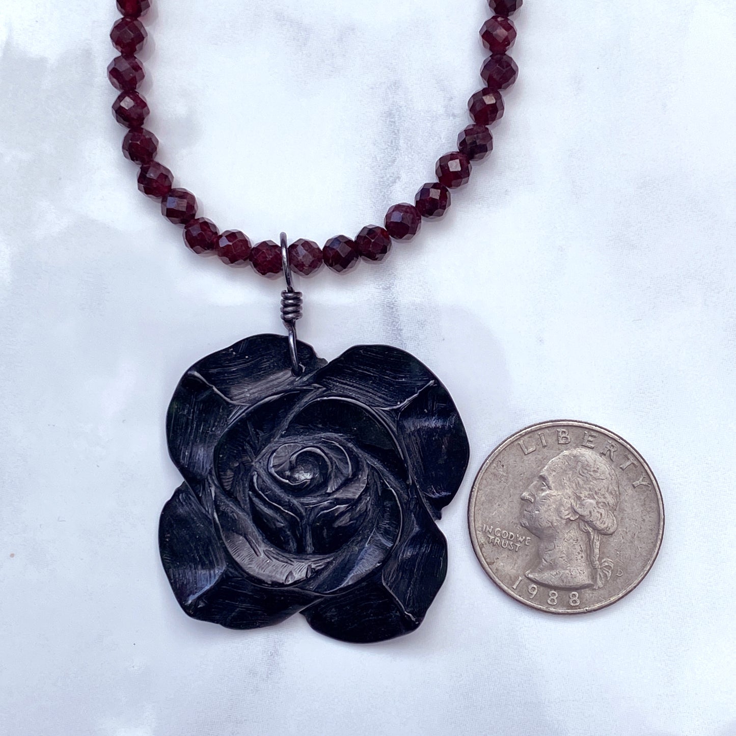 Faceted Garnets with Black Rose Jade Pendant and Oxidized Sterling Silver