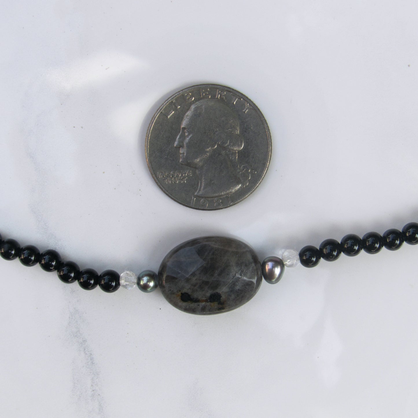 Labradorite, Clear Quartz, Onyx gemstone, Freshwater Pearl, Sterling Silver Choker Necklace
