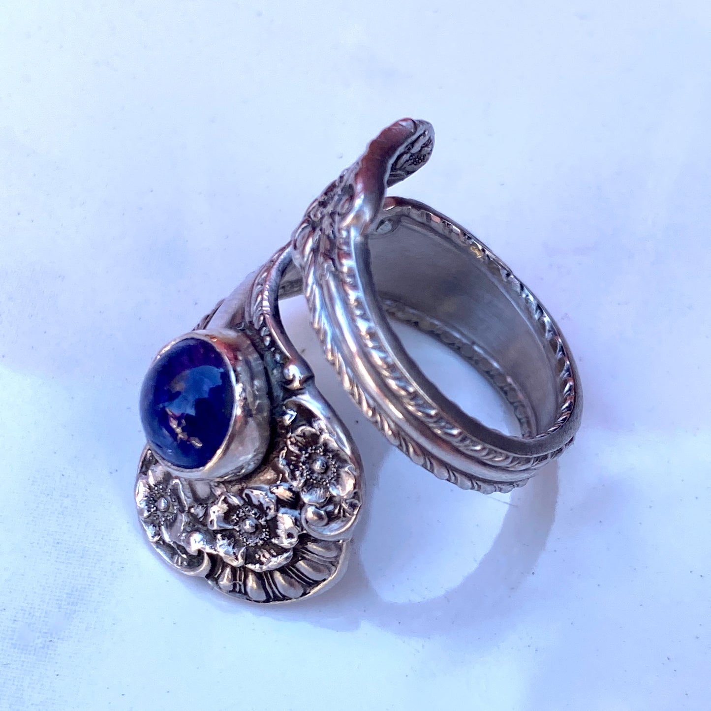 Vintage Sterling Silver Spoon Ring with Tanzanite gemstones.