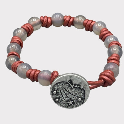 Gray agate and Moon Leather Bracelet