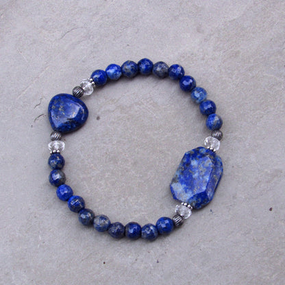 Lapis Lazuli gemstone, Clear Quartz, and Oxidized Sterling Silver Stretch Bracelet