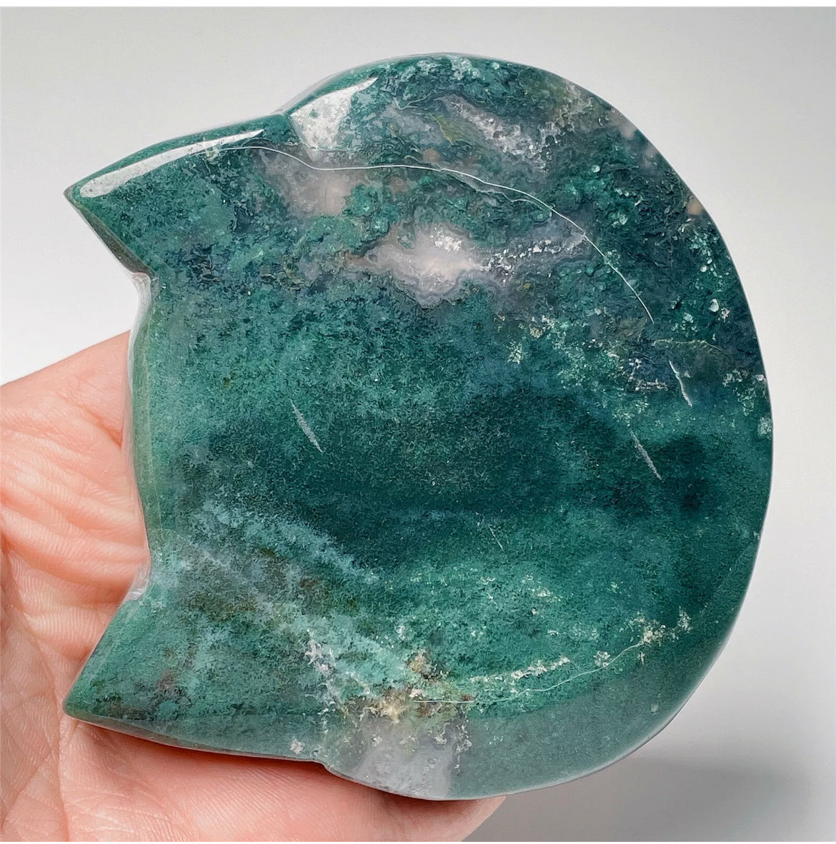 Natural Green Moss Agate Kitty Cat Jewelry Dish