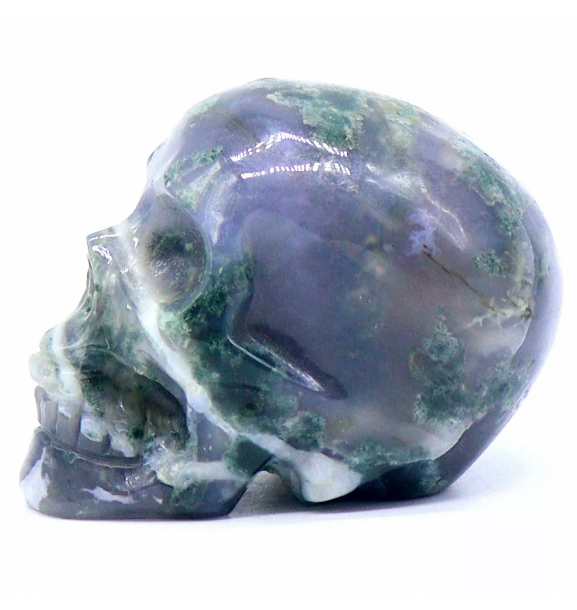 Moss Agate gemstone skull figurine