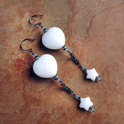 White Jade Gemstone Heart and Star, Blue Topaz, and Oxidized Sterling Silver Drop Earrings