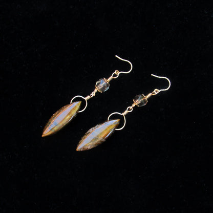 Tiger Eye gemstone and Yellow Topaz Wrapped in 14 kt Gold Filled Drop Earrings