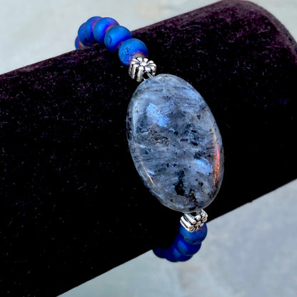 Blue Flame Larvikite and Druzy Agate Gemstone with Sterling Silver Bracelet