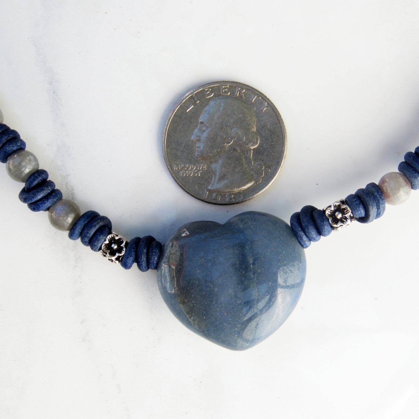 Blue Aventurine gemstone Heart, Labradorite, and Sterling Silver Leather Choker