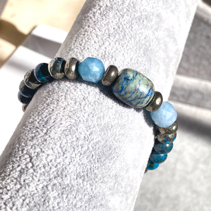 Pyrite, Aquamarine, and Chrysocolla gemstone Stretch bracelet