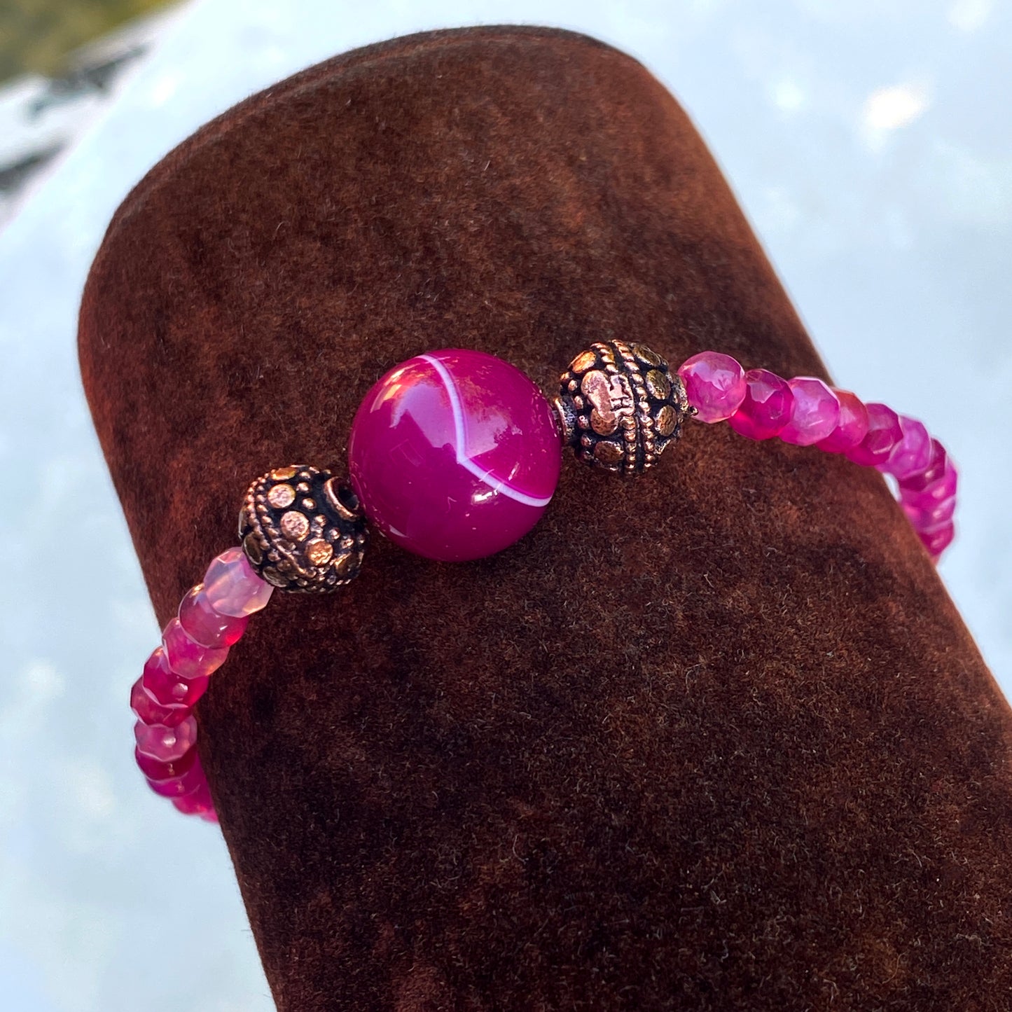 Pink Banded agate gemstone and copper bracelet