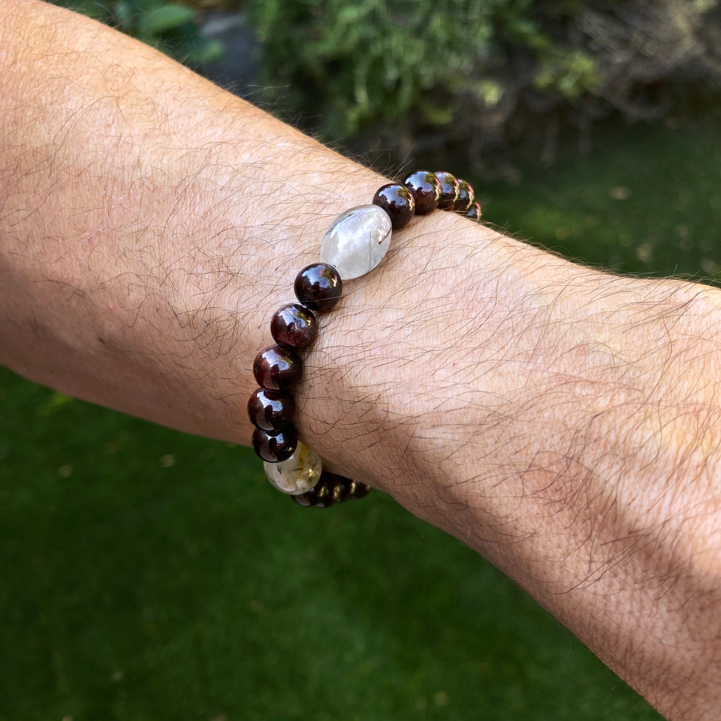Garnet and Rutilated Quartz gemstone stretch bracelet