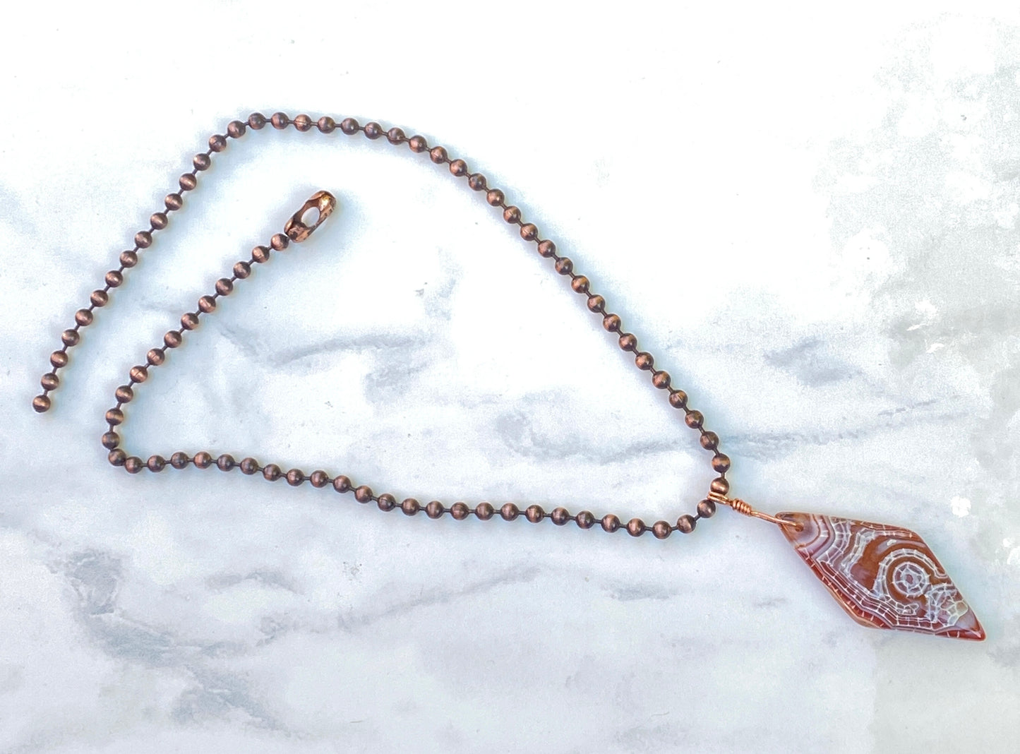 Men’s Dragon’s Vein Agate Rhombus Pendant, Hand Wrapped on Copper Chain