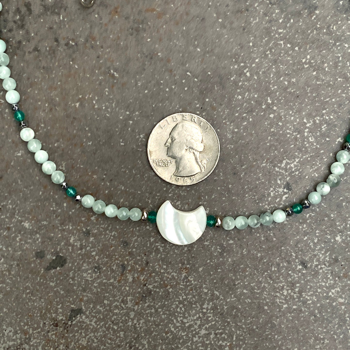 Mother of Pearl Moon Necklace w/ Green Moonstones, Green Onyx, Hematite, and Sterling Silver