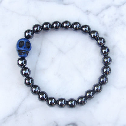 Men’s Hematite And Blue Howlite gemstone Skull Bracelet