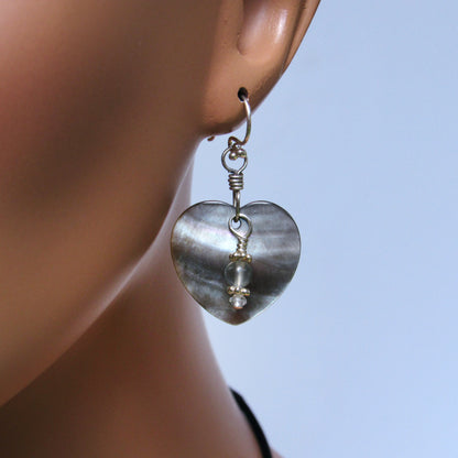 Abalone Heart Earrings, Silver Moonstones, White Topaz, Sterling Silver Drop Earrings