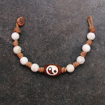 Tibetan Agate Gemstone Yin Yang with White Turquoise on natural Leather