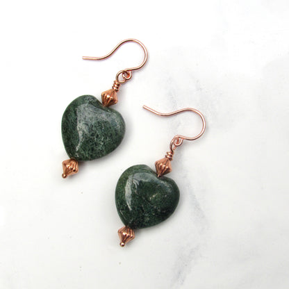 Moss Agate gemstone Heart and Copper Drop earrings