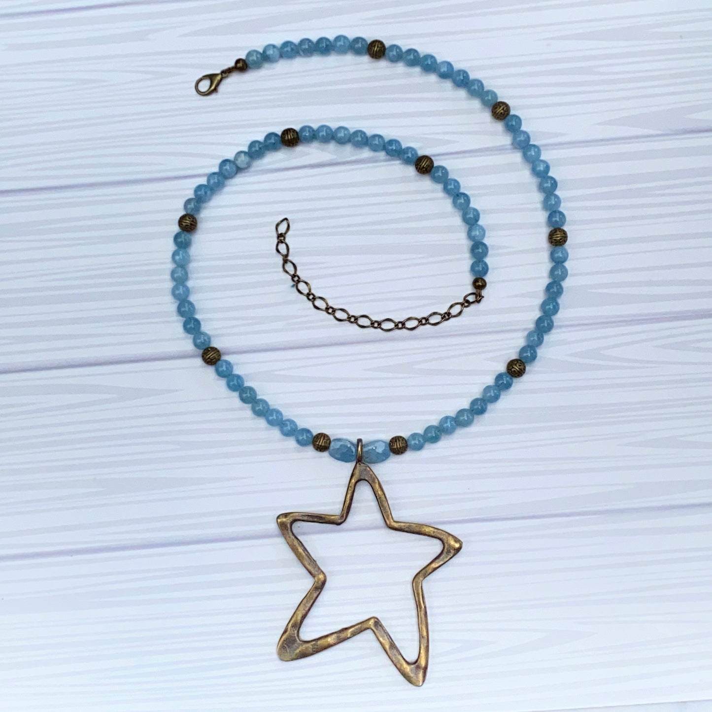 Aquamarine and Brass Star pendant Necklace